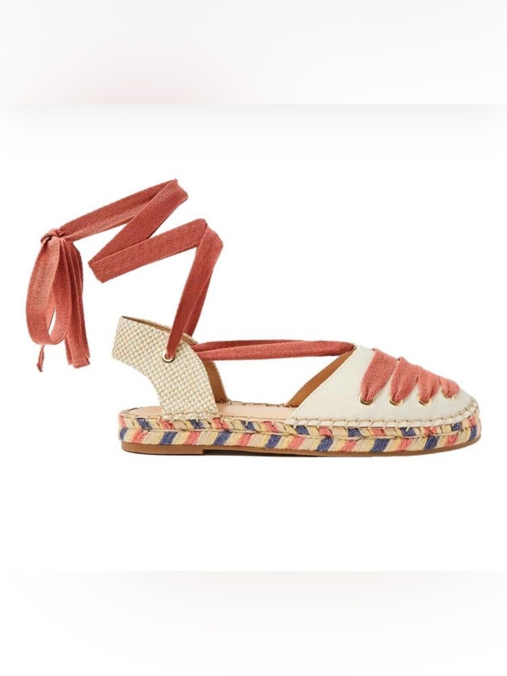 LOFT Cream Espadrille Sandal with Dark Coral Wrap Straps 7.5